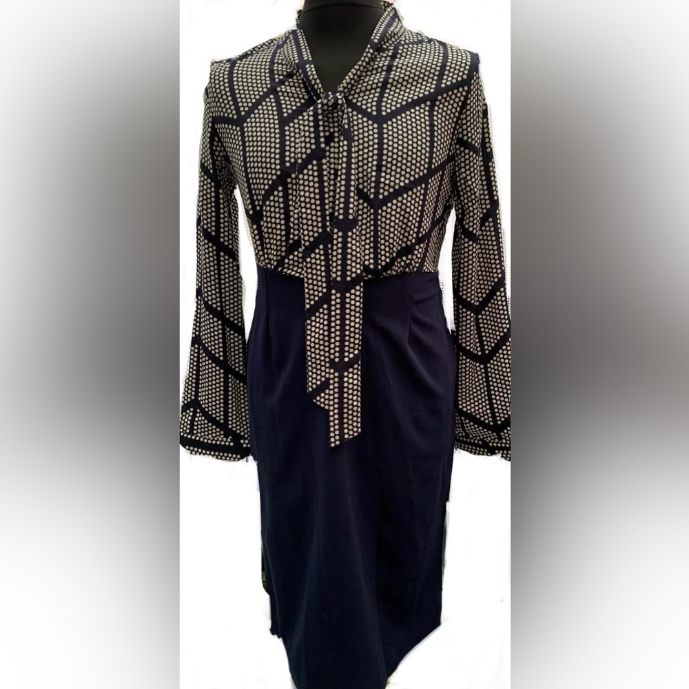 Navy and White Geometric Pattern Dress